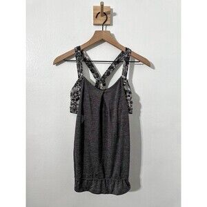 Lululemon Womens Rest Less Tank Top Heather Black Gray Angel Wing Print Size 6